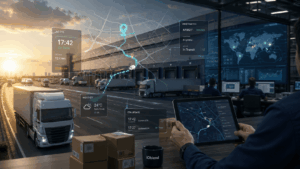 Logistics operator at a workstation using a tablet with holographic screens showing live ETA, weather, and a route map at a busy distribution hub.