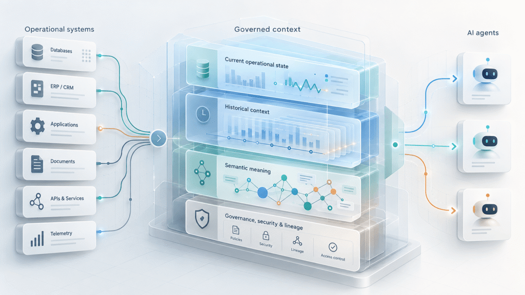 Diagram showing data sources feeding a central governance stack, with AI agents on the right.