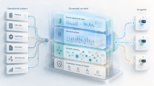 Diagram showing data sources feeding a central governance stack, with AI agents on the right.