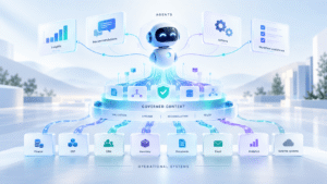 Central futuristic robot hub with glowing connections linking panels for Insights, Recommendations, Actions, and Workflow to enterprise systems like Finance, ERP, CRM, and Inventory in a glossy infographic.